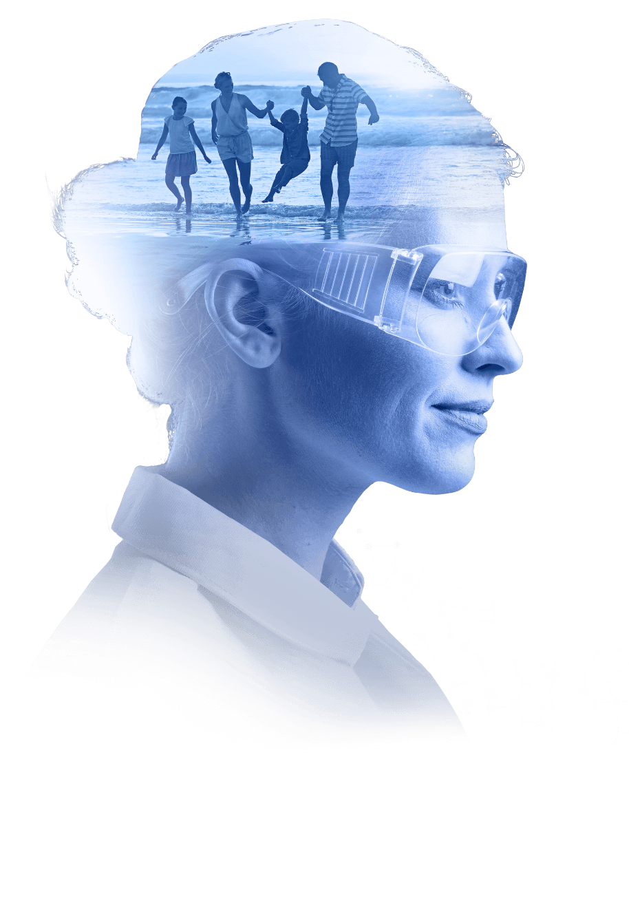 Scientist looking ahead image of family in her mind